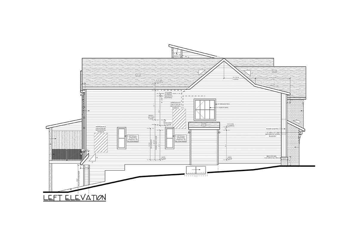 Left elevation architectural drawing showing siding, multiple windows, a covered porch area, and varied rooflines.