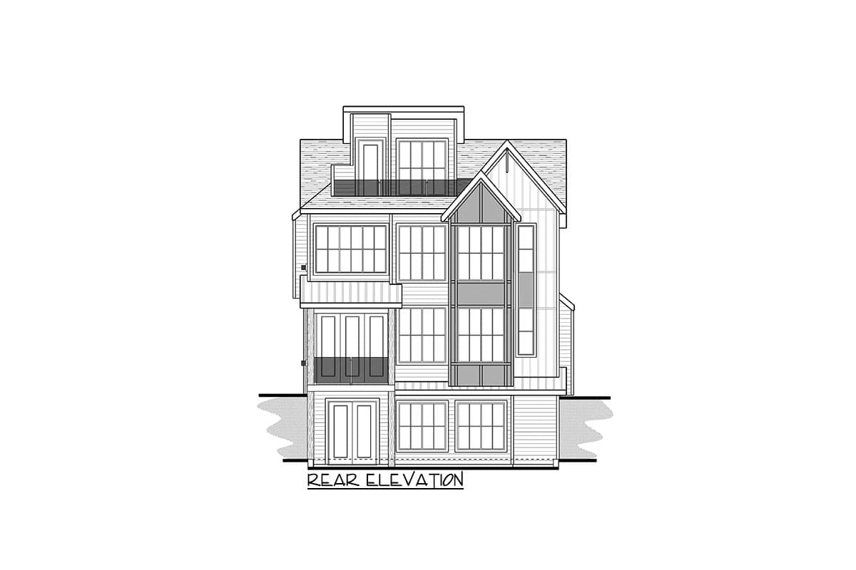 Rear elevation drawing of a three-story house plan with multiple windows, balconies, and a pitched roofline.