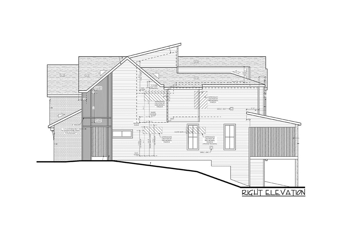 Architectural drawing, right elevation, showing multiple rooflines, brick and horizontal siding, and windows.