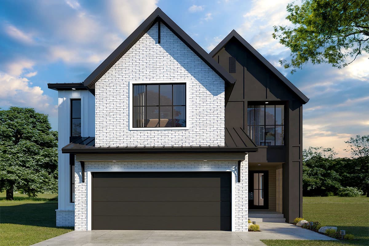 House plan exterior. Two-story Modern Farmhouse with gabled roof, brick facade, and attached garage. Black trim contrasts white brick and siding.