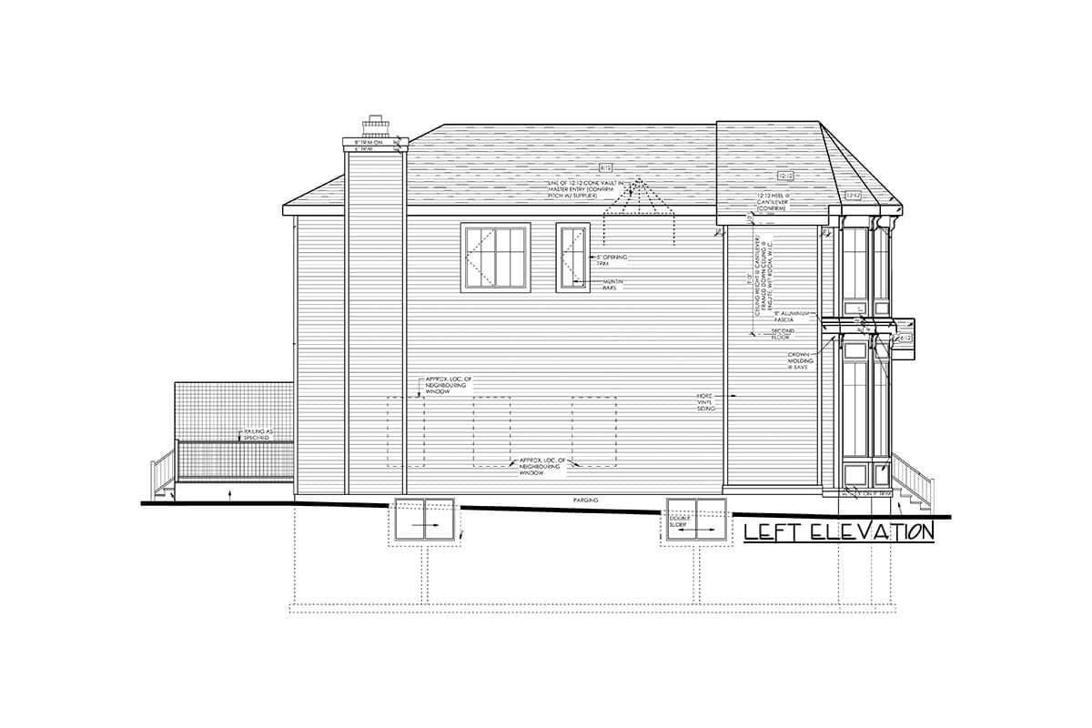 Left elevation floor plan drawing showing clapboard siding, a chimney, bay windows, and a second-story balcony.