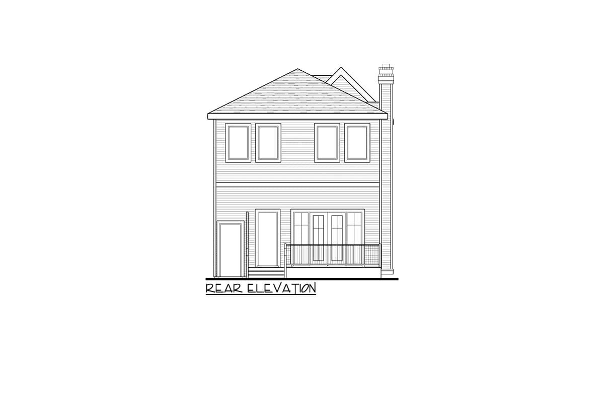 Rear elevation drawing of a two-story house with siding, a gabled roof, chimney, and a rear balcony.