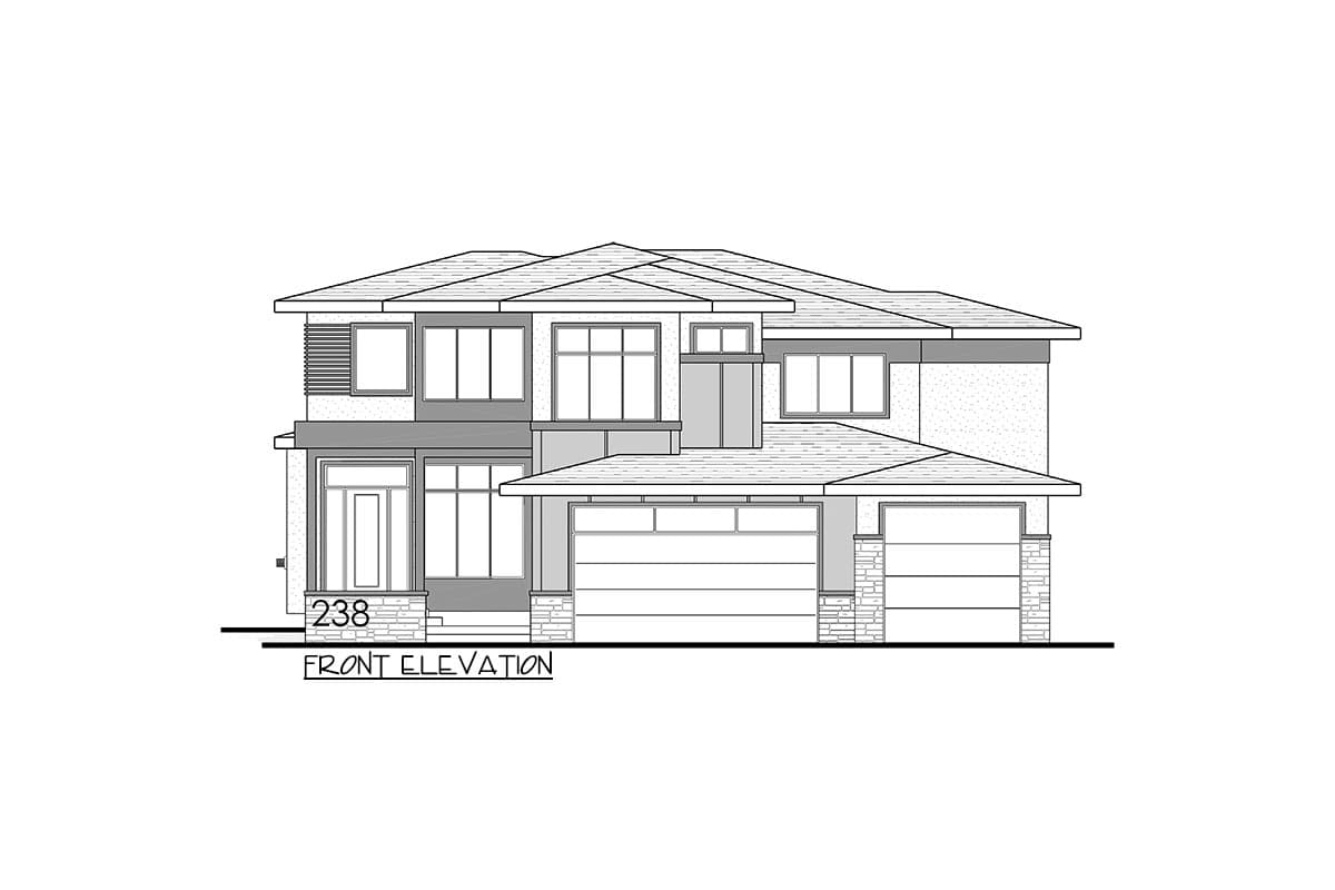 Front elevation drawing of a two-story modern house with a covered entry, multiple gables, and a three-car garage.