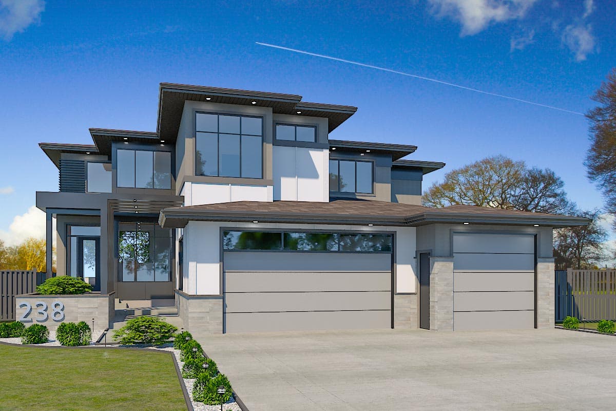 House plan exterior with modern design, two stories, flat rooflines, large windows, and a two-car garage.