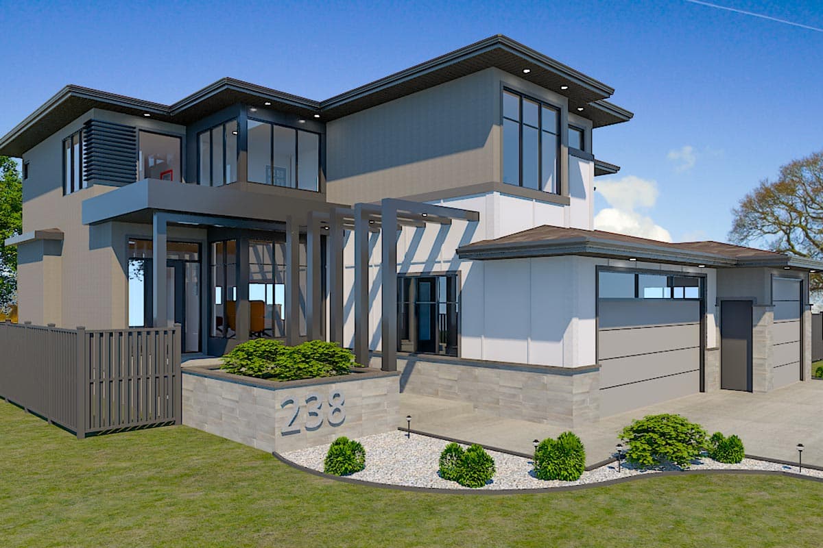 Modern two-story house plan exterior with cantilevered balconies, flat rooflines, large windows, and a three-car garage.