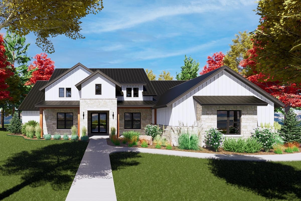 House plan exterior: Modern Farmhouse style with gabled roof, stone accents, and covered entry. Two-story structure with a covered porch area.