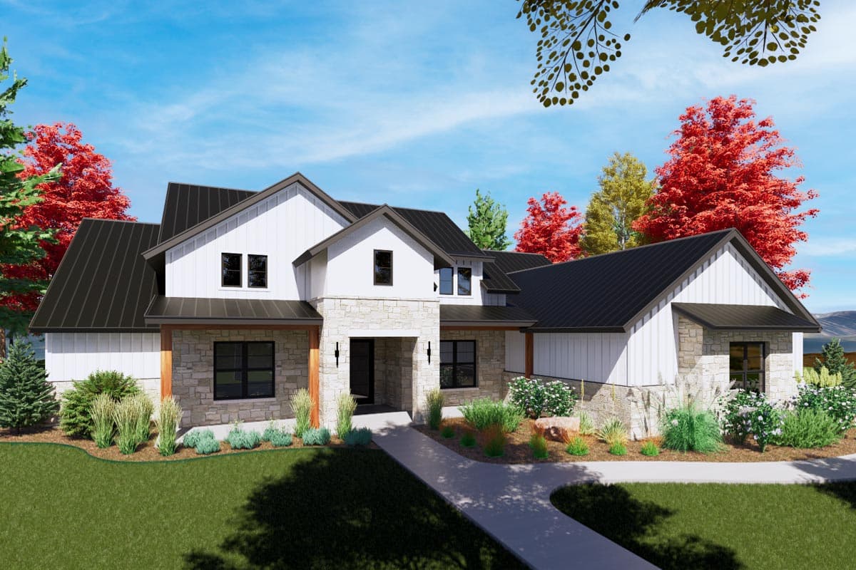 Modern Farmhouse house plan exterior with stone accents, prominent gables, and a dark metal roof.
