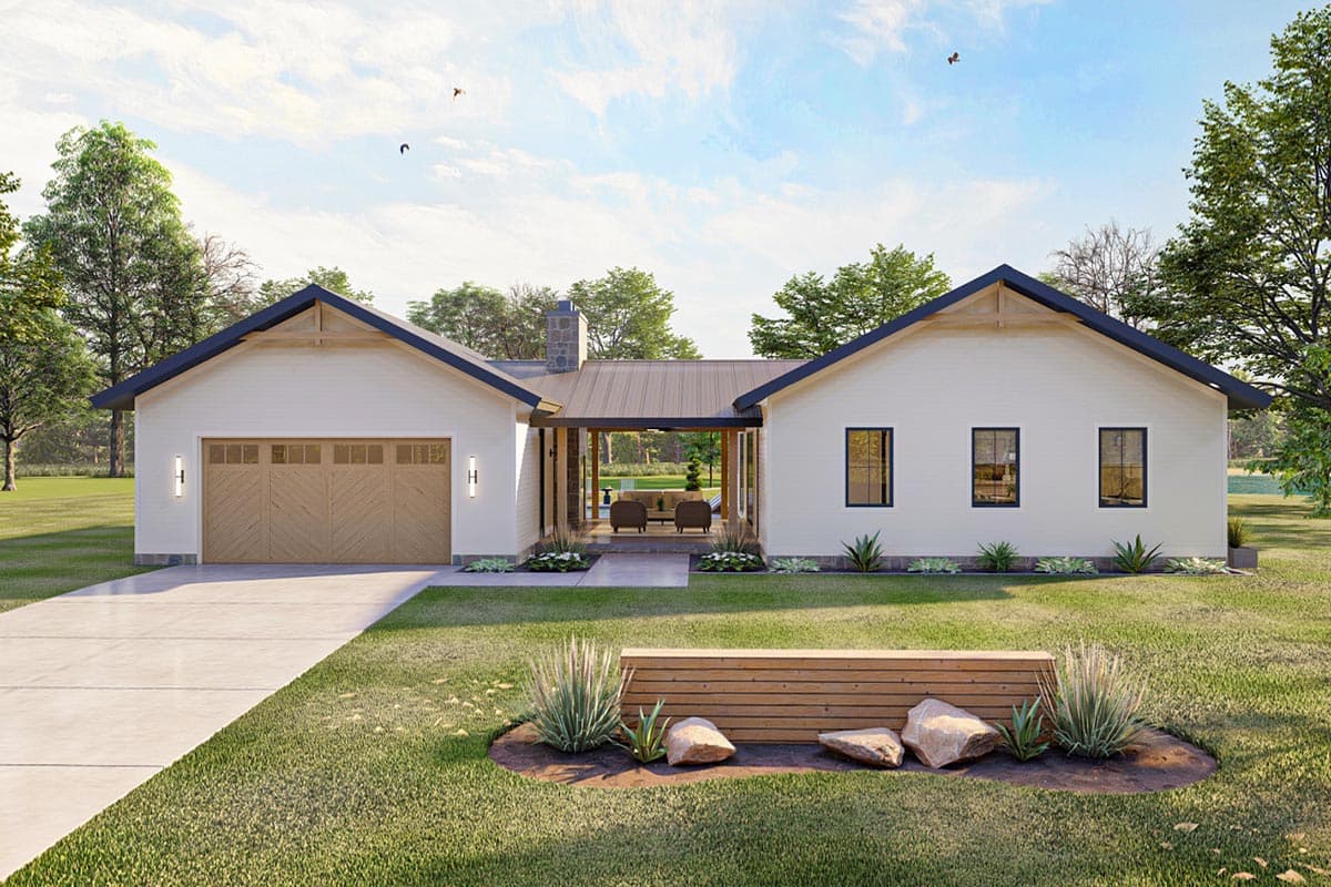 House plan exterior. Modern farmhouse style. Single-story with a gabled roof and attached garage. Includes a covered porch and exposed rafters.