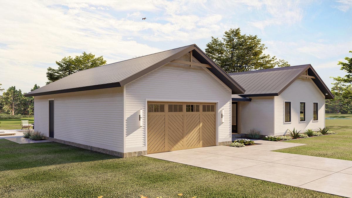 House plan exterior with white siding, metal roof, and a natural wood garage door.