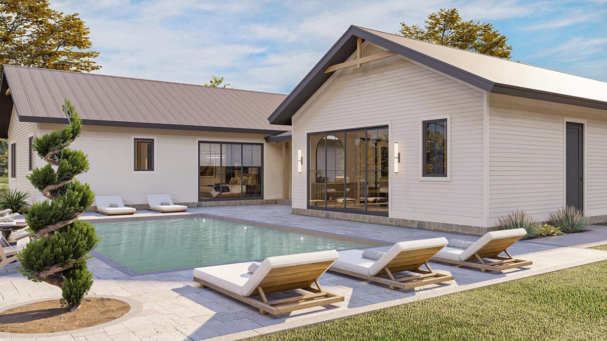 Modern house plan exterior with gabled roof, metal roofing, lap siding, large windows, and a swimming pool.