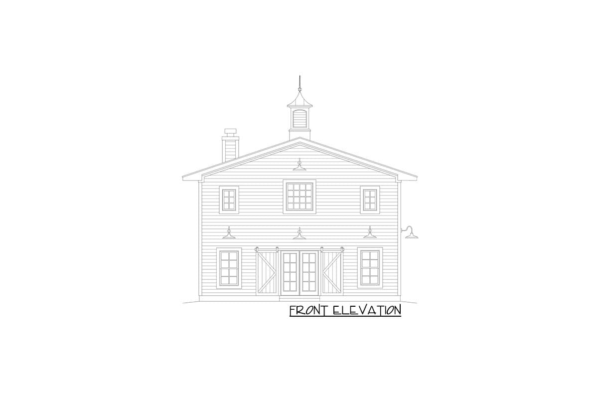 Front elevation drawing of a two-story house plan with a cupola, gable roof, chimney, and barn-style doors.