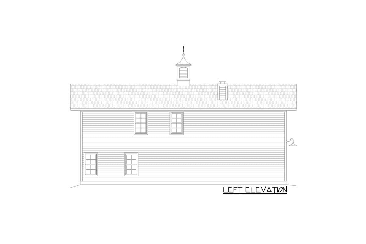 Left elevation drawing of a two-story house plan with a cupola, chimney, and double-hung windows.