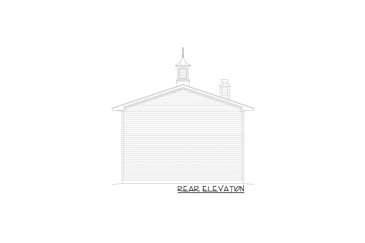 Rear elevation drawing of a house plan with a gabled roof, cupola, and chimney.
