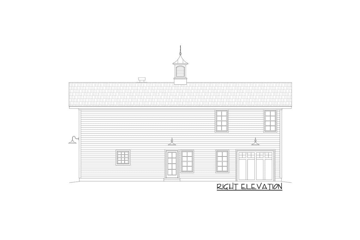 Right elevation drawing of a two-story house plan, featuring a cupola, double garage doors, and multiple windows.