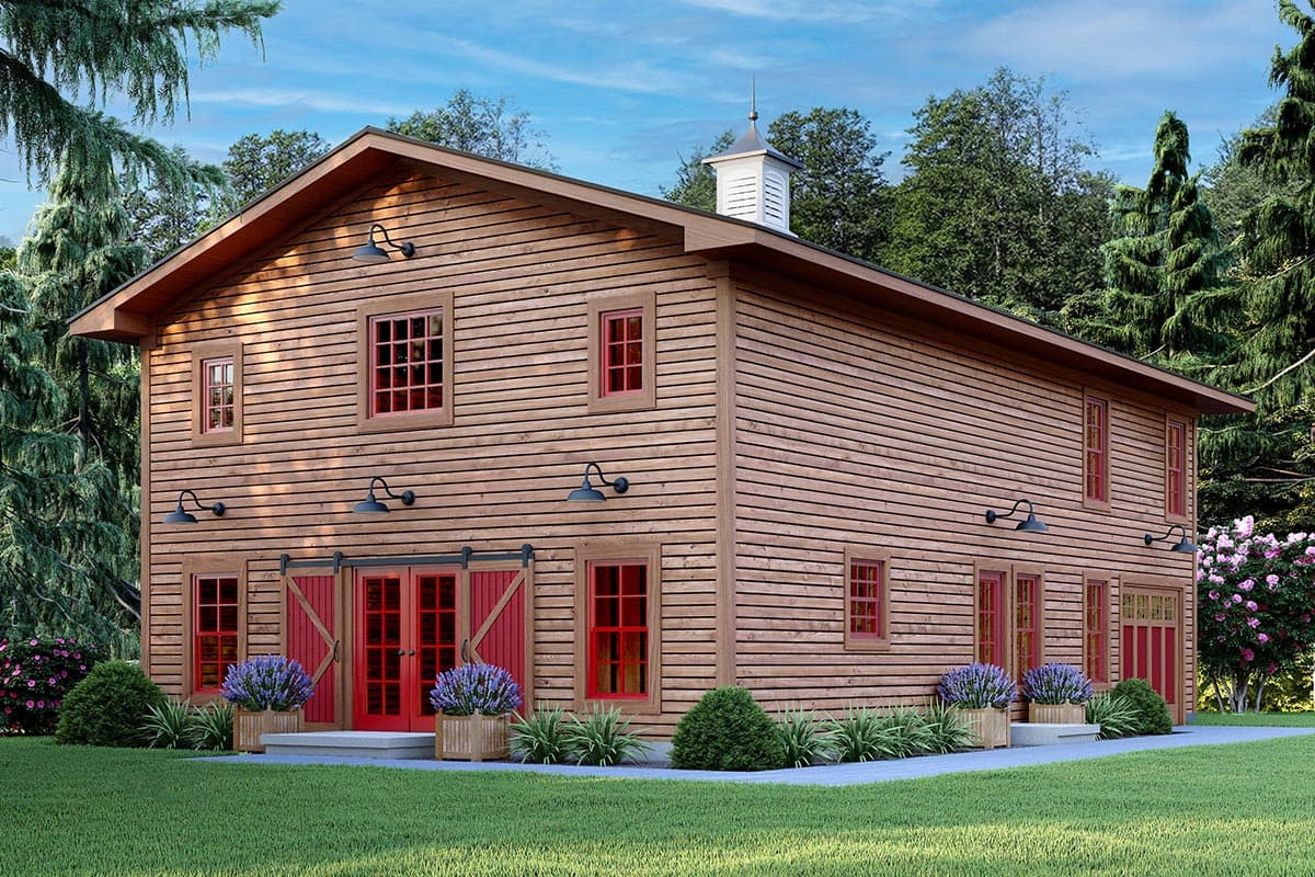 House plan exterior. Two-story barn-style house with board and batten siding, cupola, and double doors. Red trim accents windows.