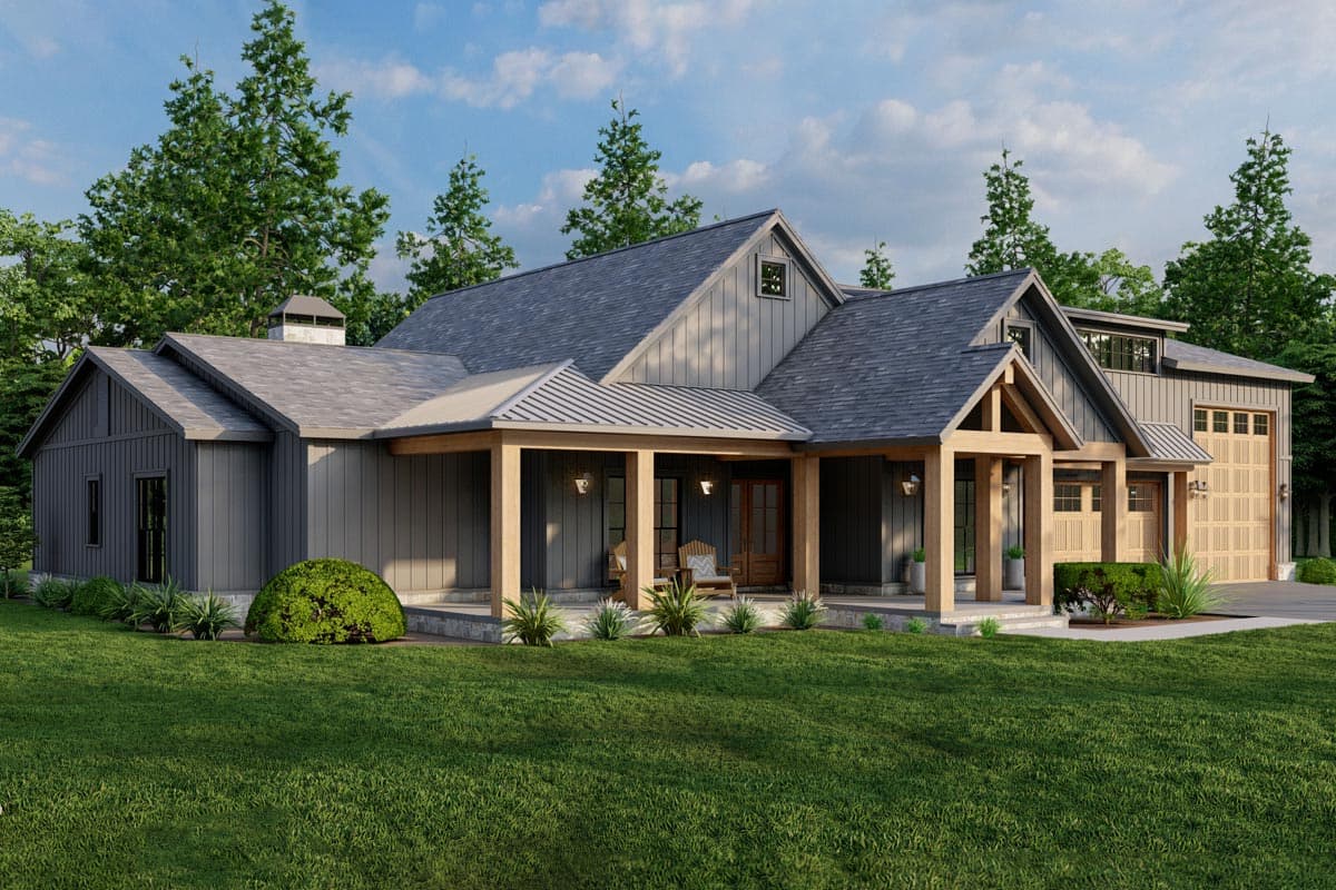 House plan exterior shows a Modern Farmhouse style, one-story home with a large covered porch, gables, and a side-entry garage.