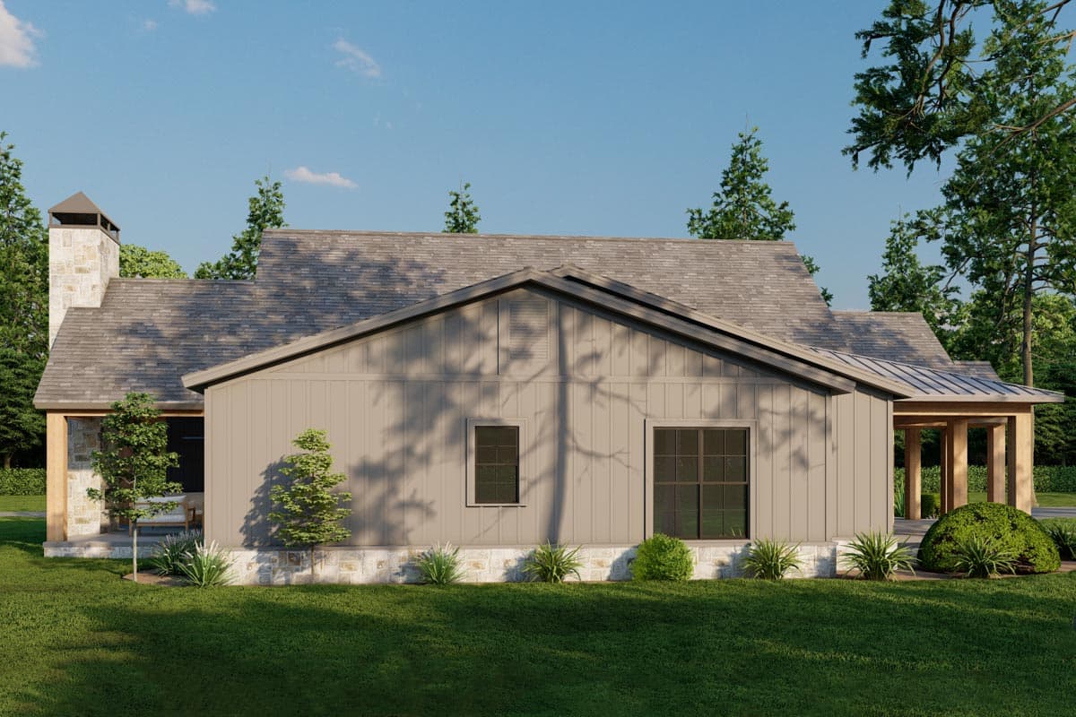 House plan exterior with board and batten siding, stone accents, gable roof, and covered porch with wood posts.