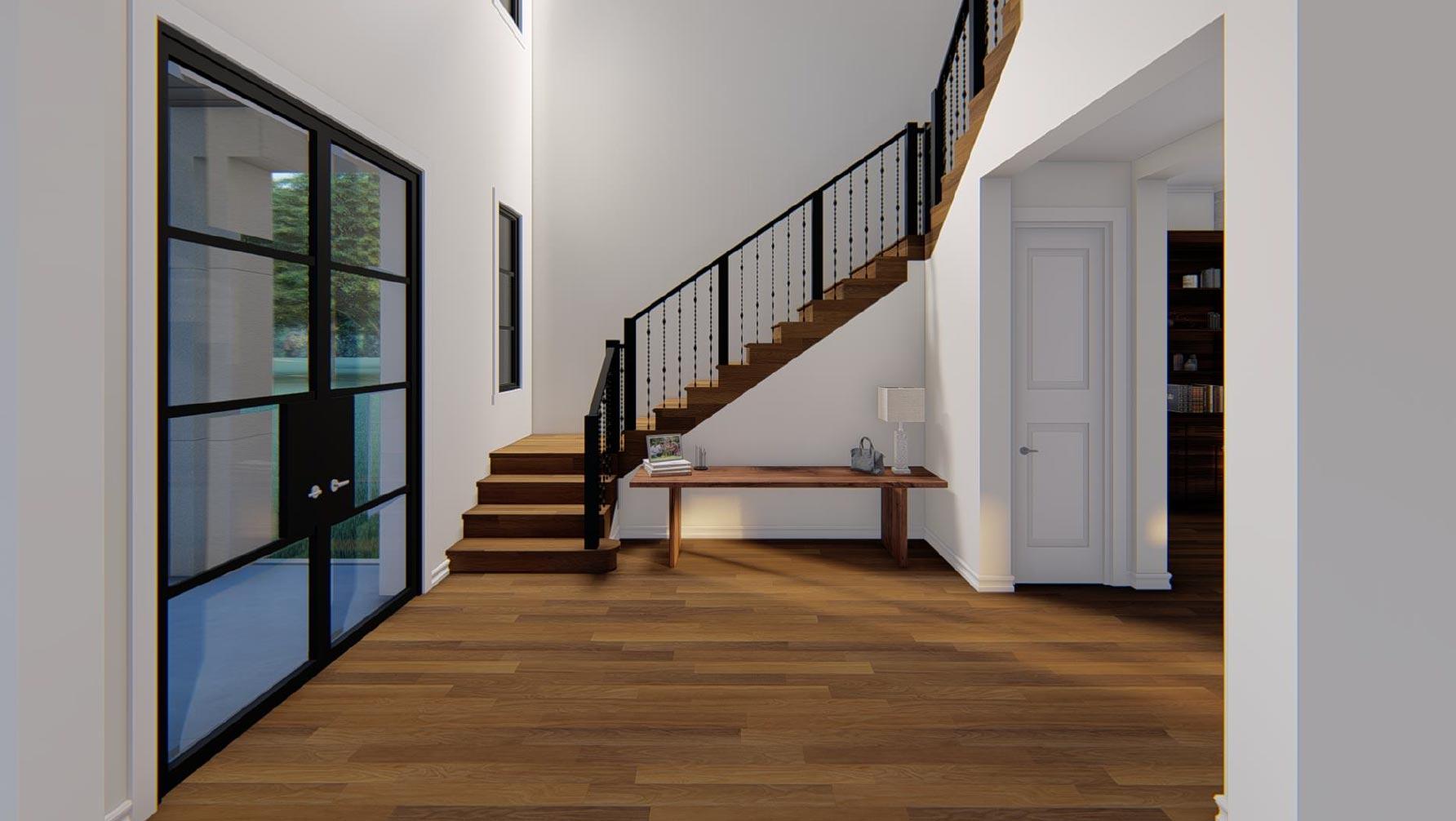 Interior rendering of a modern home foyer with wood floors, open staircase, black metal railings, and large metal-framed doors.