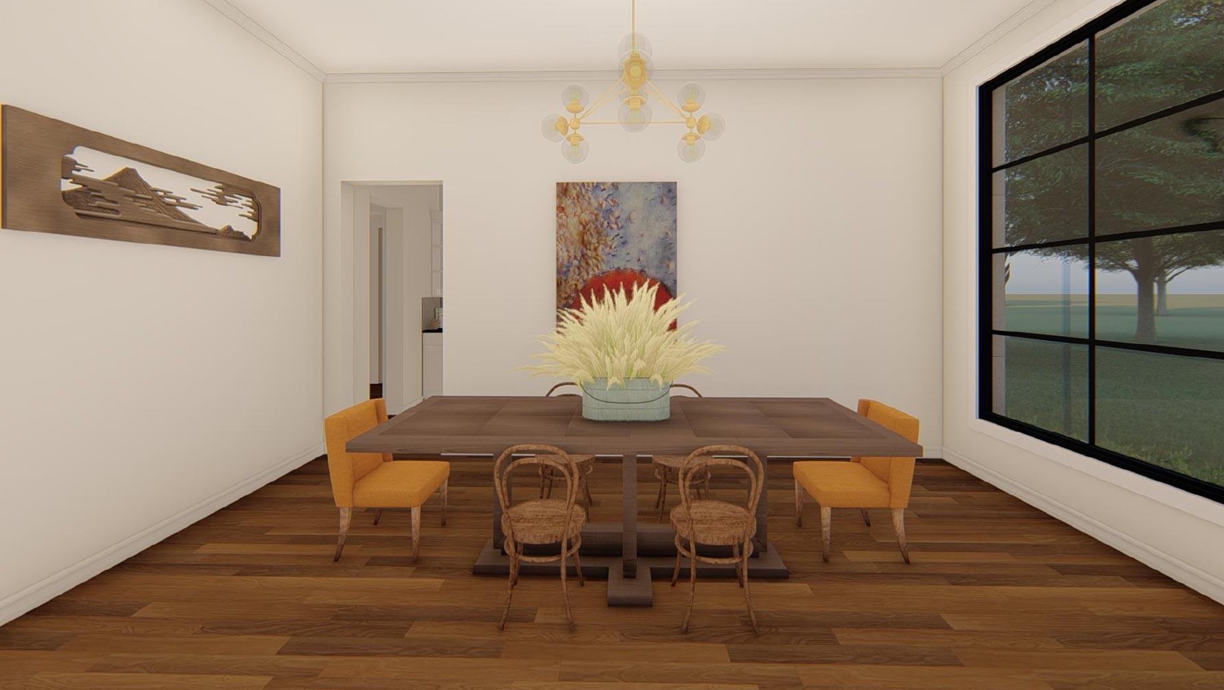 Dining room rendering with large dark-framed window, wooden table, chairs, and wall art.