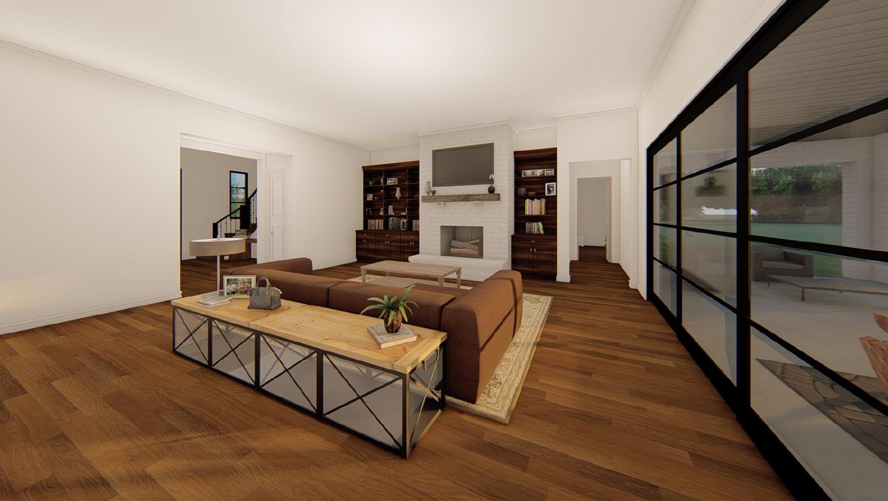 Living room with fireplace, built-in bookshelves, sectional sofa, and large window wall opening to patio.