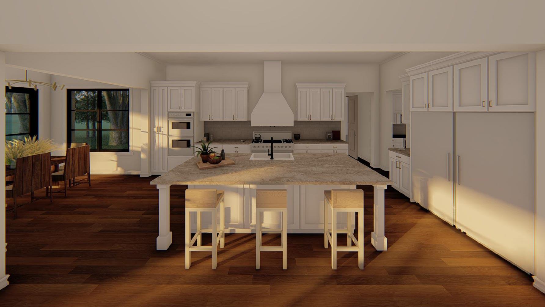 Kitchen interior with island, white cabinetry, double ovens, range, and seating for three at the island.
