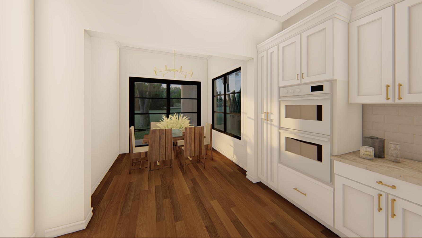 Rendering of a dining area with a table, chairs, and large windows next to a kitchen with white cabinetry and double ovens.