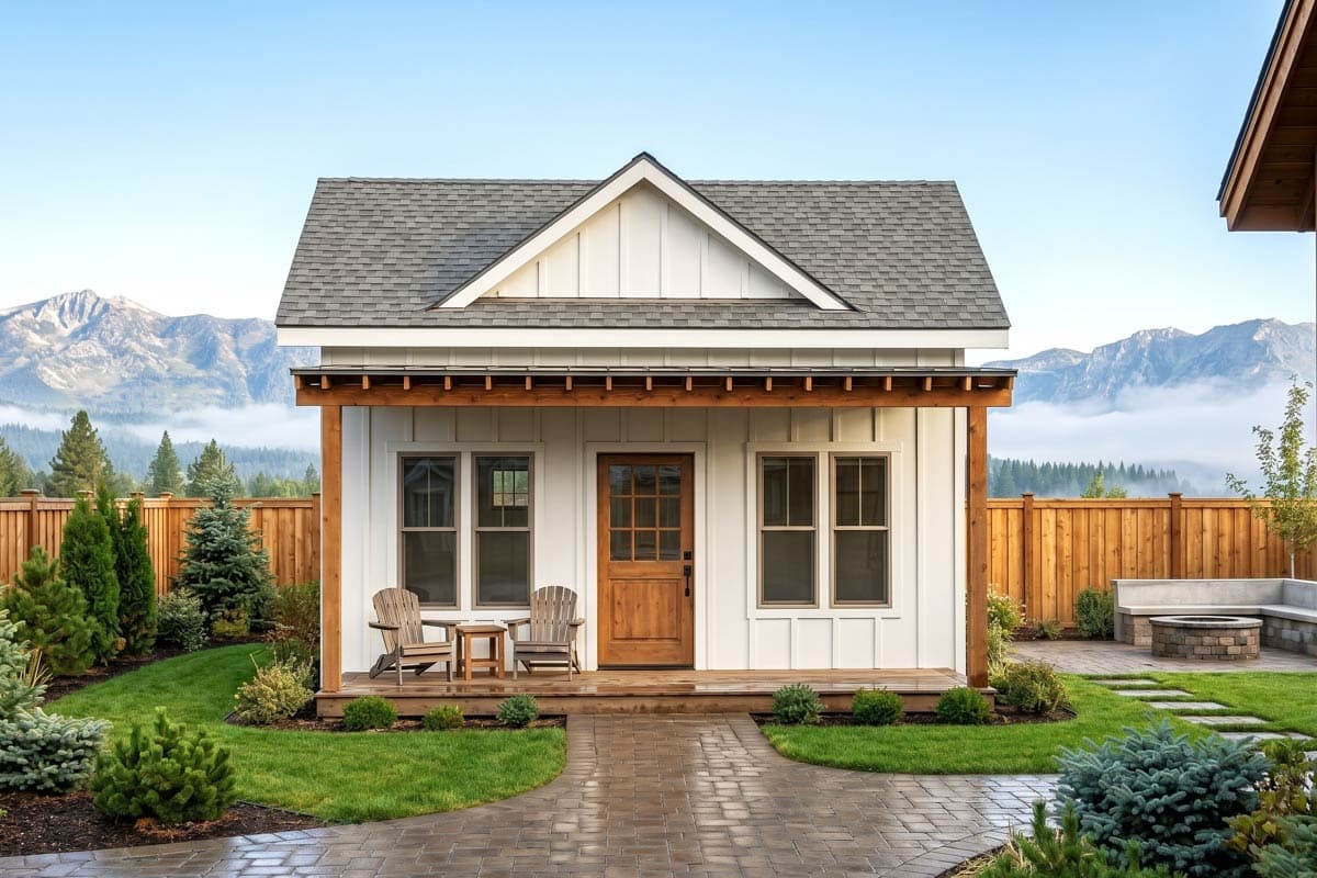 House plan exterior with board and batten siding, gable roof, and a covered porch supported by columns. Includes two windows and a front door.