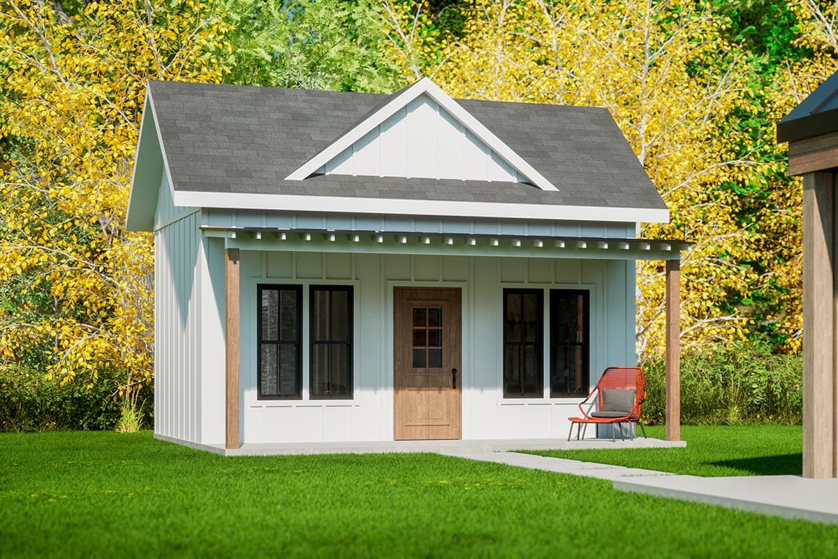 House plan exterior with board and batten siding, gable roof, and a covered porch supported by columns. Includes two windows and a front door.