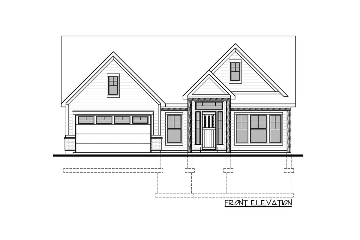 Front elevation drawing of a one-story house plan with a gable roof, attached garage, and covered entry.