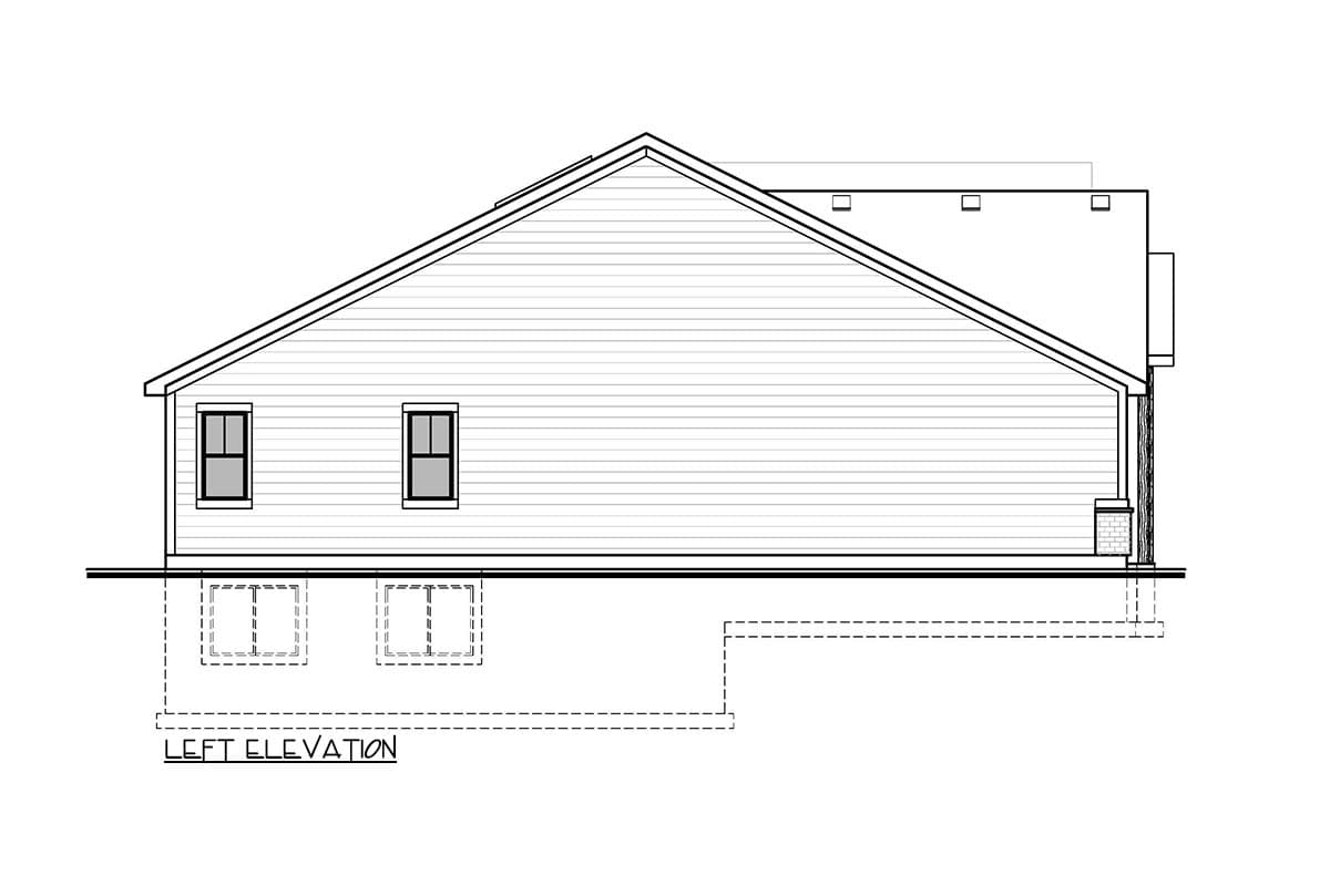 Left elevation drawing of a house plan showing two windows and basement details.