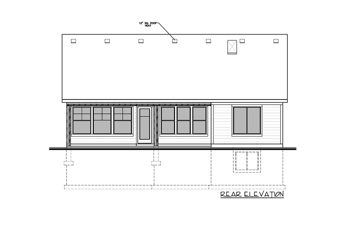 Rear elevation house plan showing a rectangular structure with a gabled roof, multiple windows, a door, and foundation details.