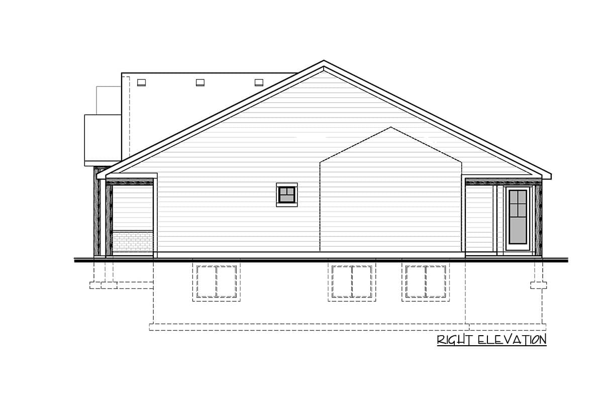 Right elevation house plan drawing with gabled roof, dormer, small window, covered porch, and basement windows.