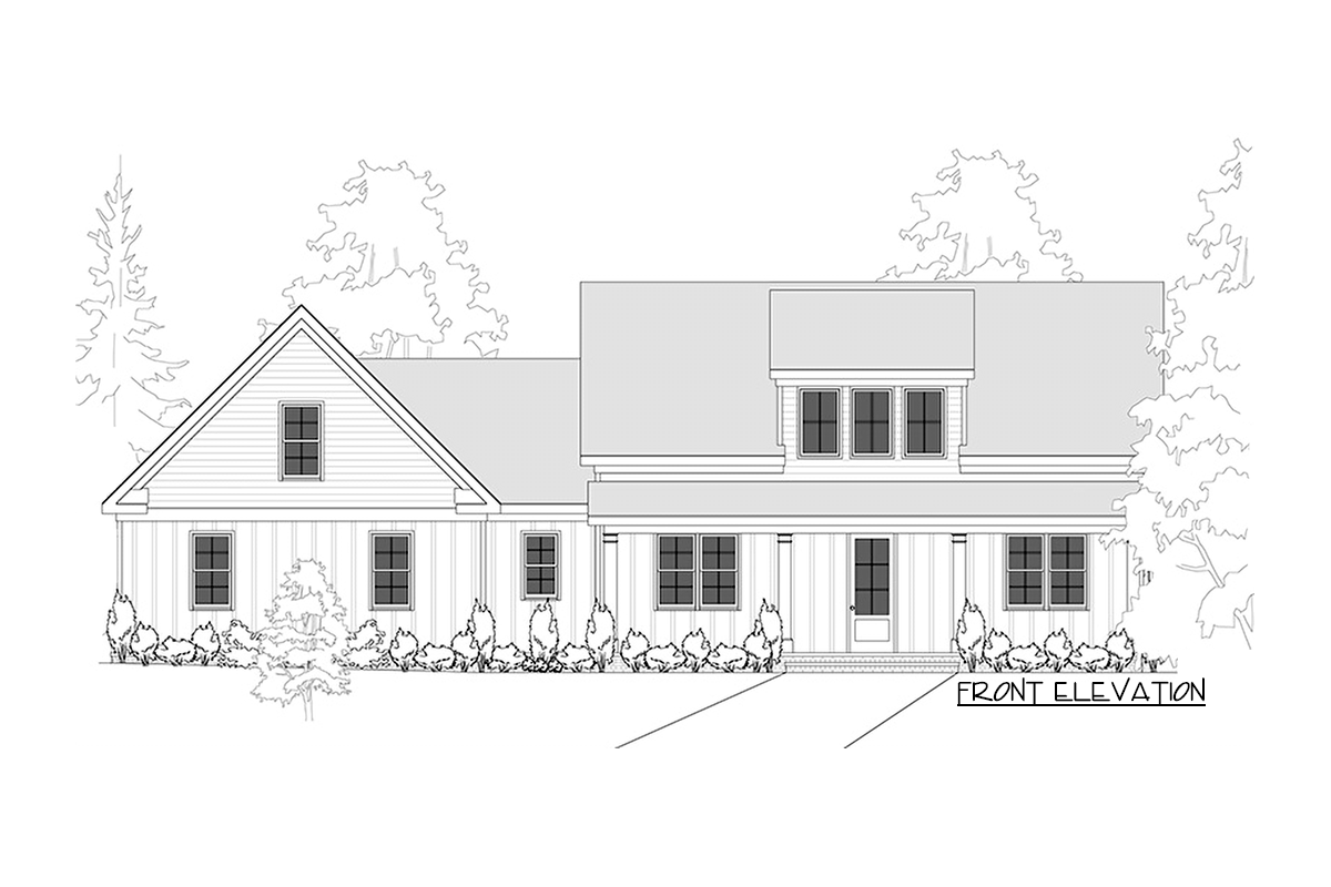 Front elevation drawing of a two-story house plan with a prominent gable, dormer, and covered front porch.