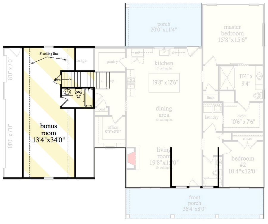 Plan 29899LDG: 1800 Square Foot Modern Farmhouse Plan with Bonus Expansion - Floor Plan - Optionally Finished Bonus Room - Country, Farmhouse, Modern Farmhouse, Traditional