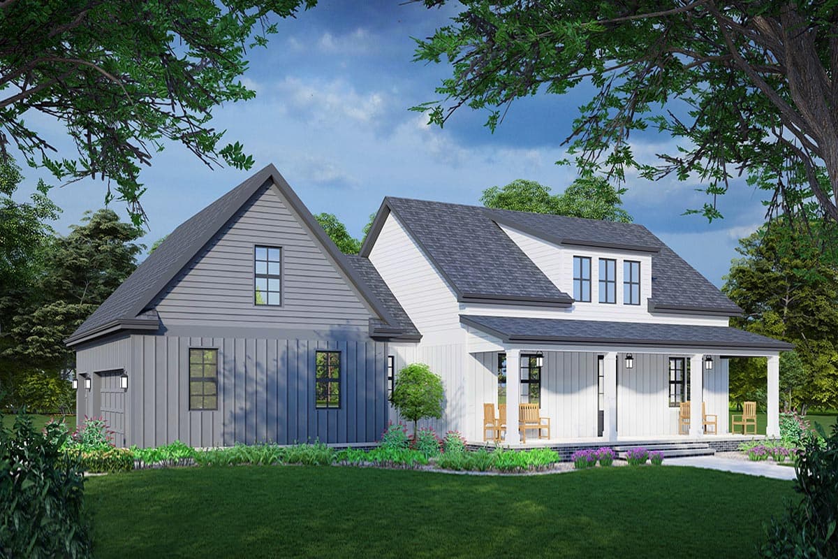 House plan exterior of a two-story Modern Farmhouse with a wraparound porch, board and batten siding, and gabled dormers.