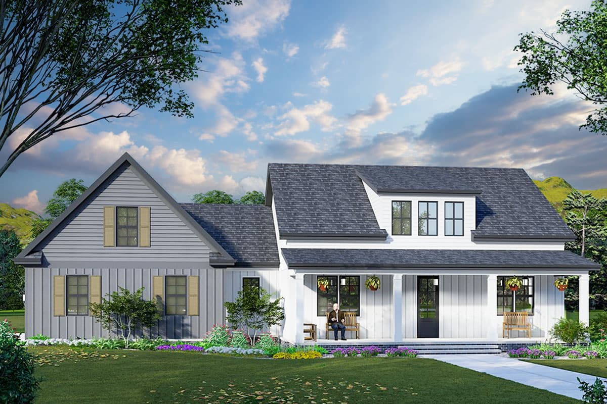 House plan exterior rendering. Modern Farmhouse style with a front porch, gabled roof, and dormers. Two-story with light-colored siding.
