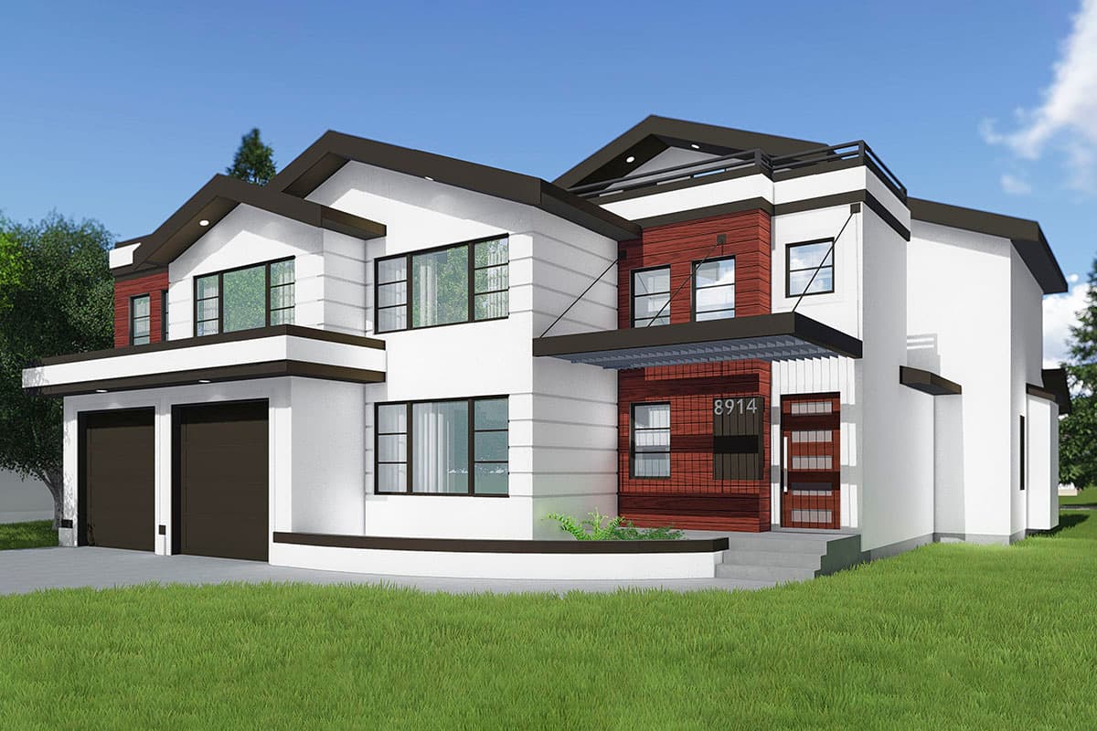 House plan exterior with two-car garage, multiple gables, and contrasting red wood facade accents.