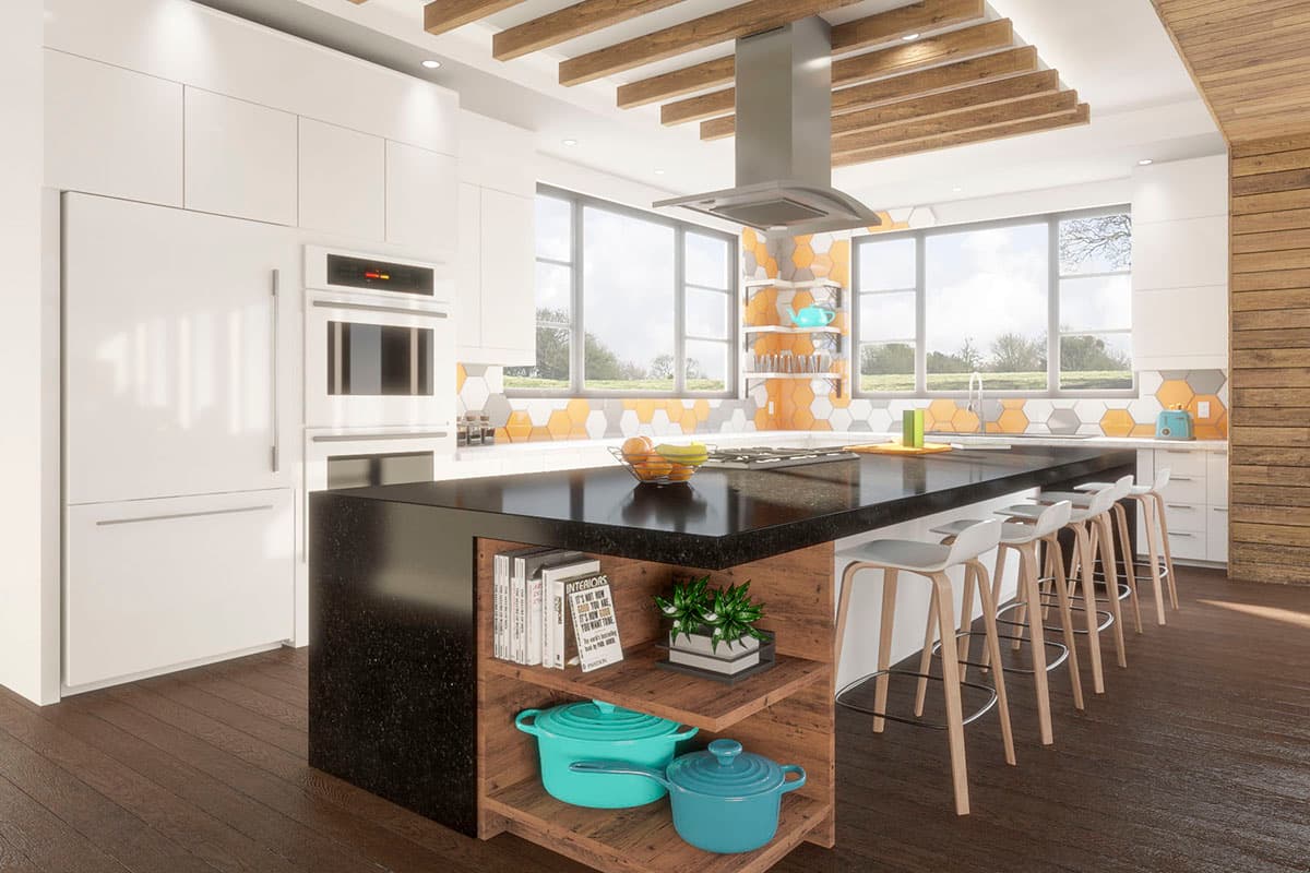 Modern kitchen with a large island, white cabinetry, built-in appliances, and exposed wooden ceiling beams.