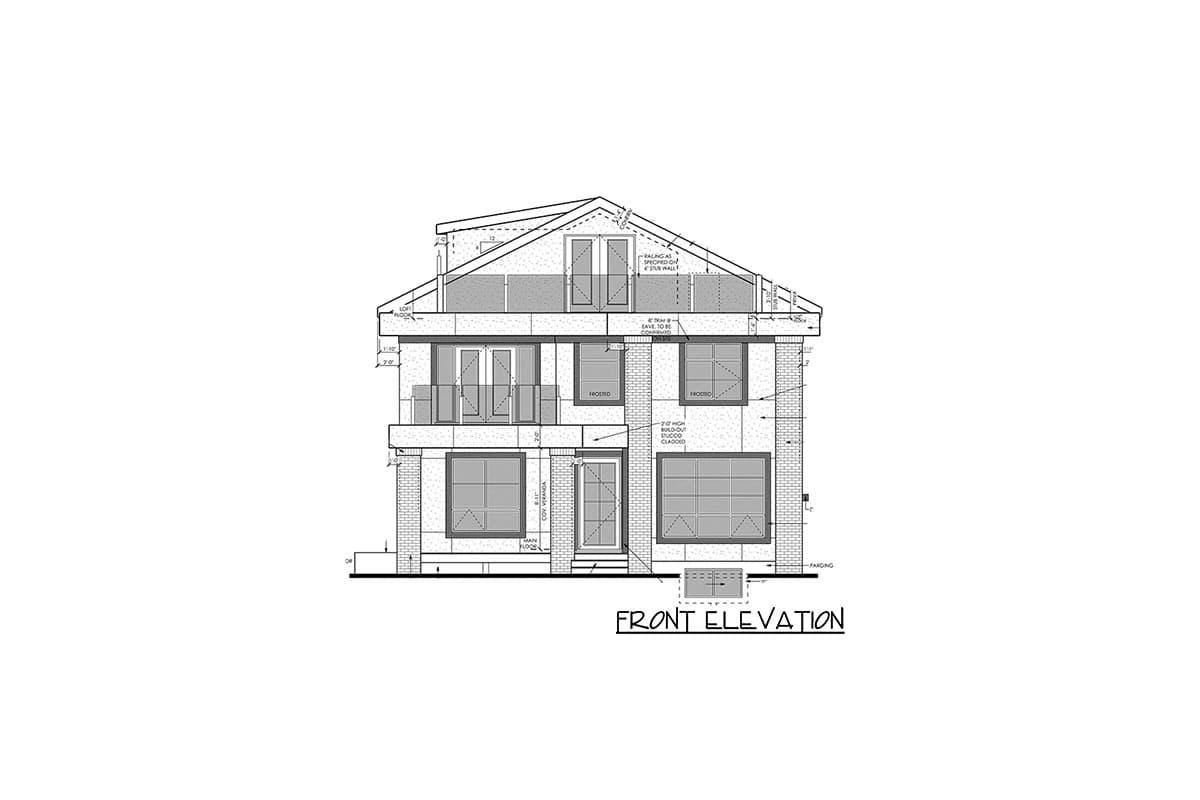 Front elevation drawing of a two-story house plan with gabled roof, balconies, and multiple windows.