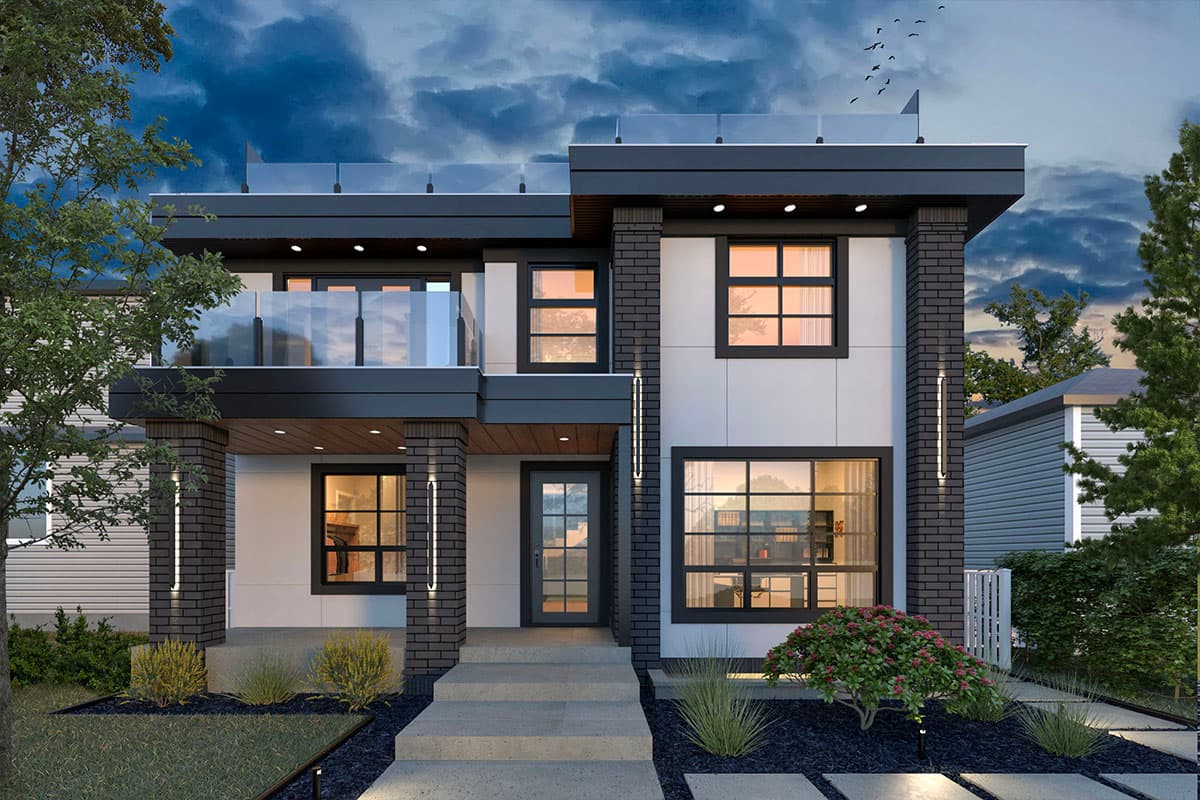 Two-story Modern house plan exterior with flat roof, glass balcony railings, and dark brick accents.