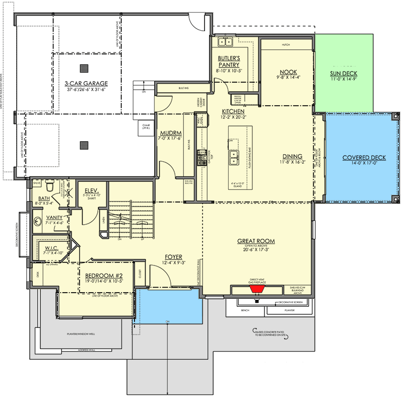 Plan 81792AB: Modern Home Plan with Rooftop Deck and Elevator - Floor Plan - Main Level - Contemporary, Modern, Northwest