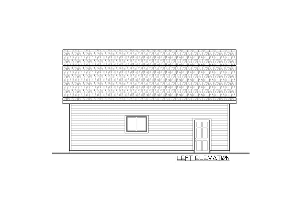 Left elevation of a house plan showing a horizontal clapboard siding, one window, and a single door.