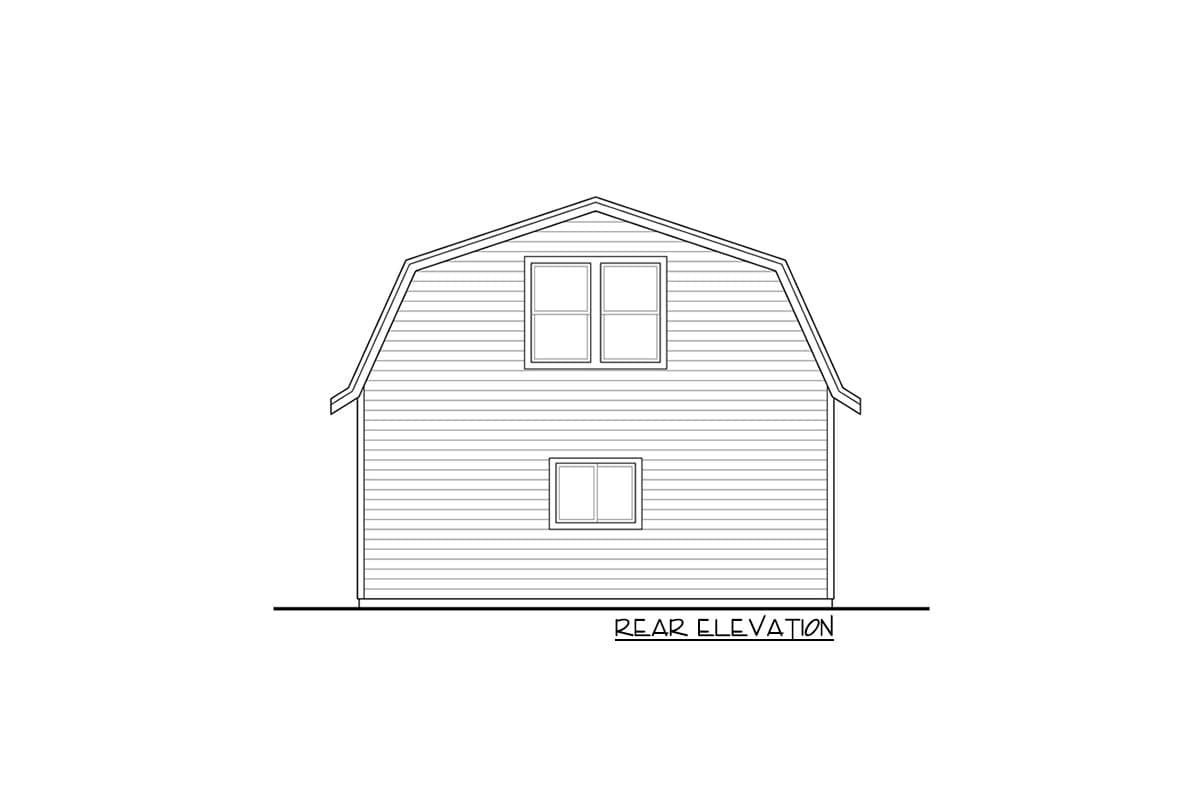 Rear elevation drawing of a house with a gambrel roof, siding, and two windows on the upper level and one on the main.