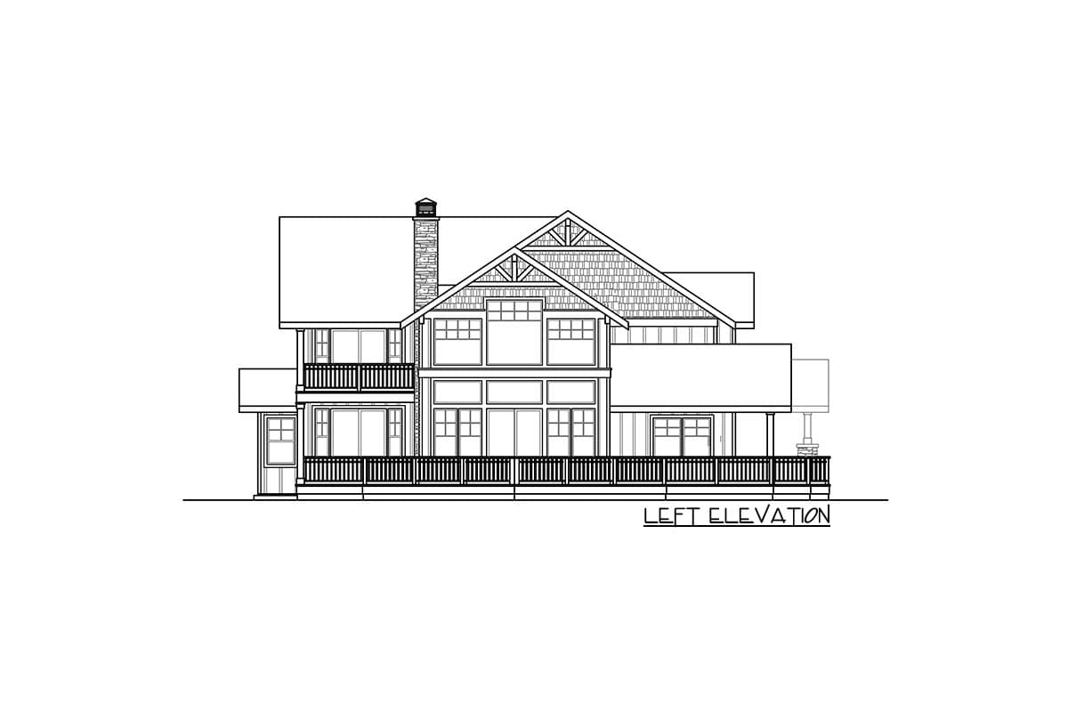 Left elevation house plan drawing showing multiple stories, gabled dormer, stone chimney, and wrap-around deck.