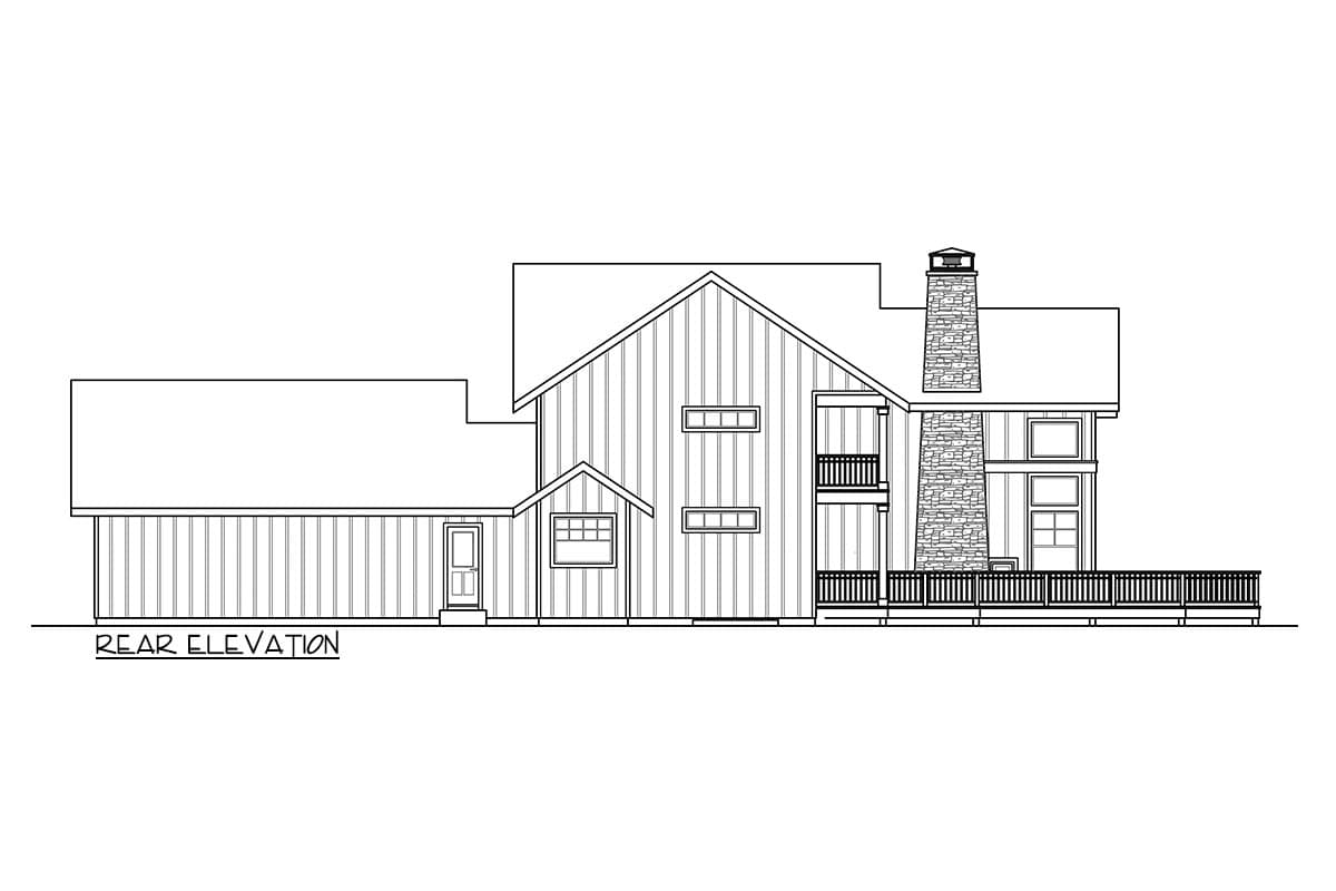 Rear elevation drawing of a house plan featuring a stone chimney, second-story balcony, and wraparound deck.