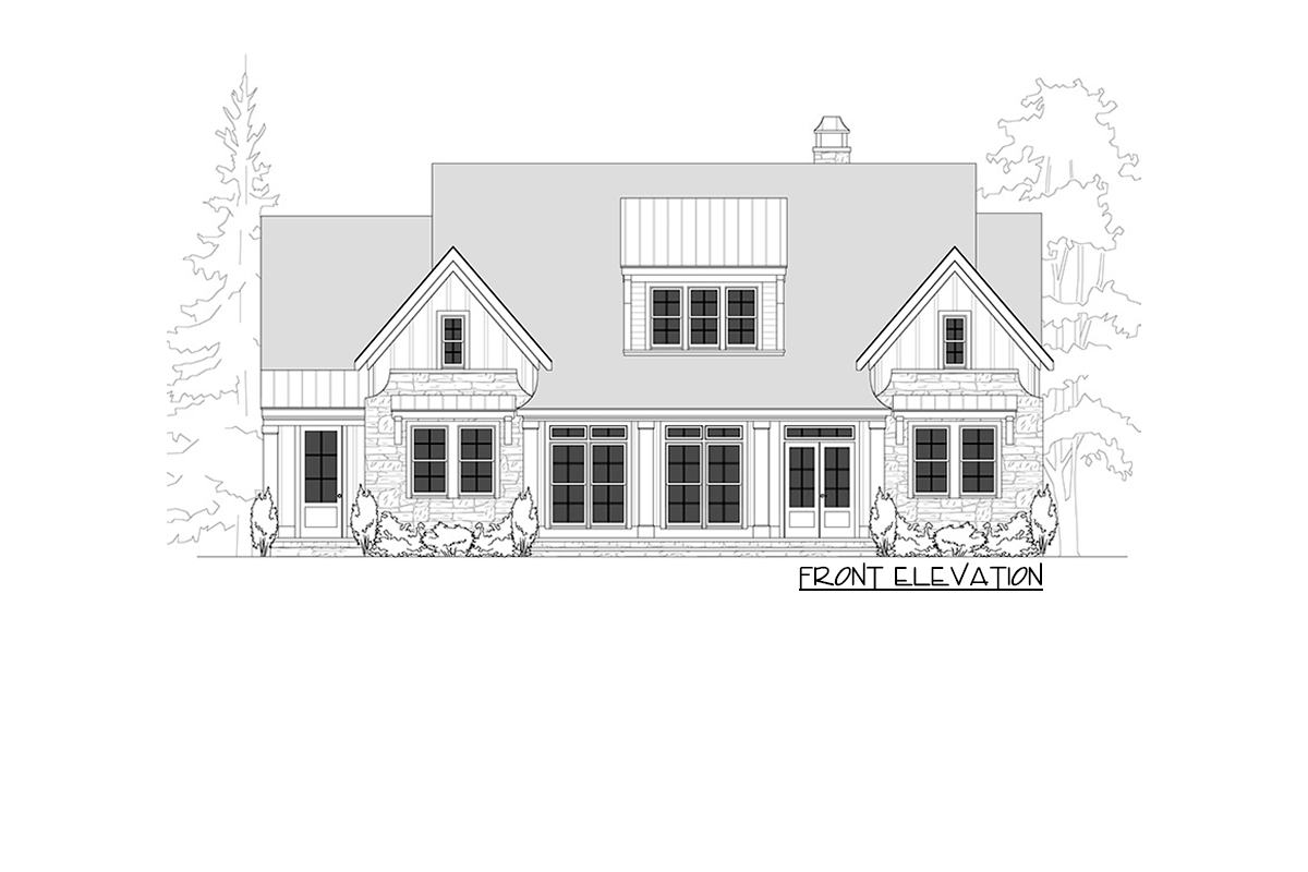 Front elevation house plan with stone accents, gables, dormer, and covered porch.