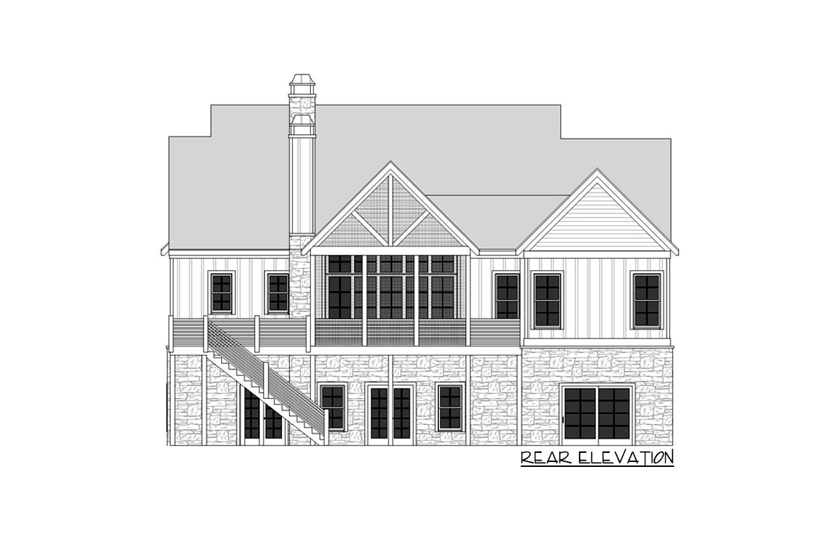 Rear elevation house plan showing a two-story home with stone lower level, gabled porch, large windows, and a prominent chimney.