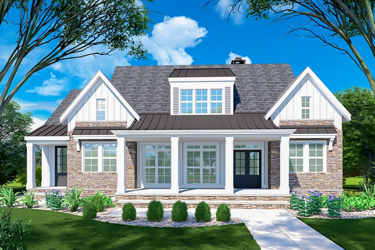 House plan exterior featuring a two-story farmhouse style with front porch, gabled roof, and dormers.