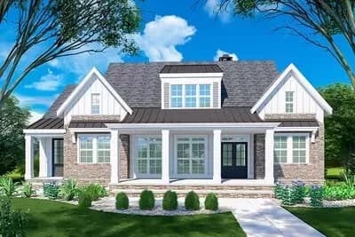 3-Bed French Country Farmhouse Plan with Screened Porch and Vaulted Great Room