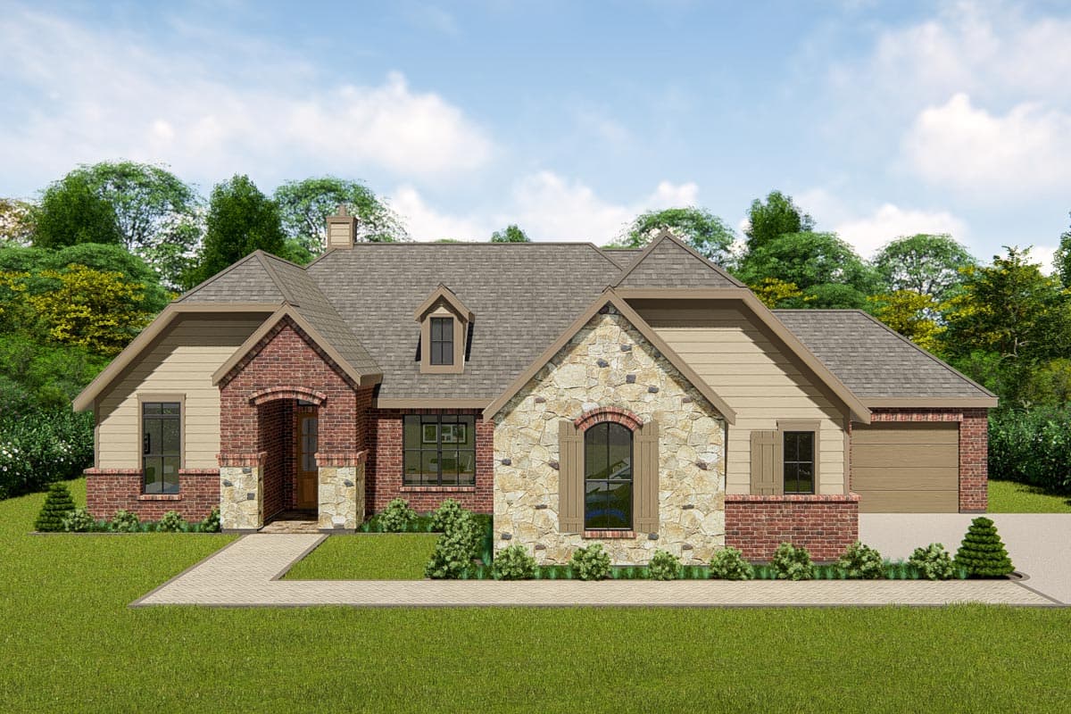 House plan exterior. Ranch-style home with brick and stone accents. Features include a front-facing gable, dormer, and attached garage.